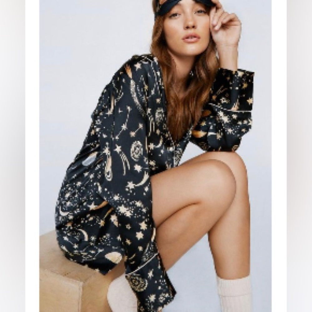 Oversized Silky Button Up Stars and Moon Sleep Shirt from Nasty Gal
